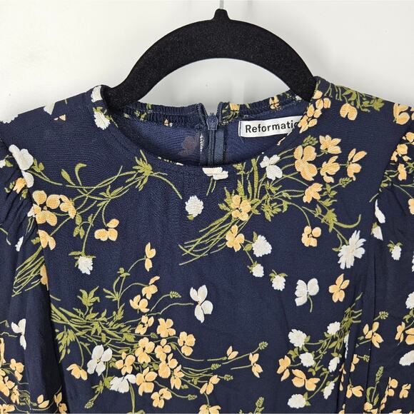 Reformation Navy Floral Bernadette High Neck Midi Dress 0 - Picture 5 of 9